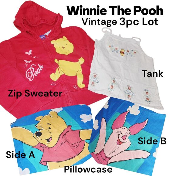 WINNIE THE POOH Vtg 3pc Lot 2T Embroidered Tank Top 3T Zip Sweater & Pillowcase - Picture 1 of 10